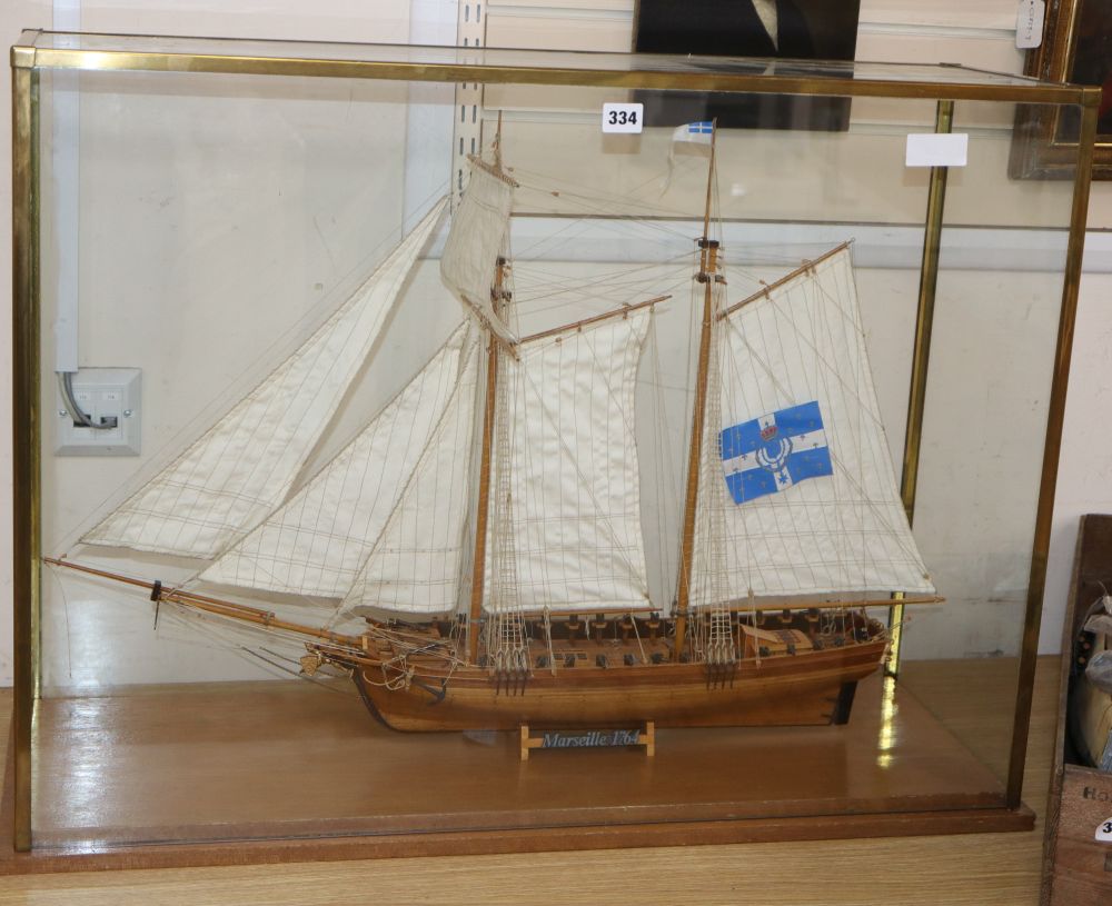 A cased model of a French naval schooner The Marseille 1764, in glazed case overall 84 x 63cm